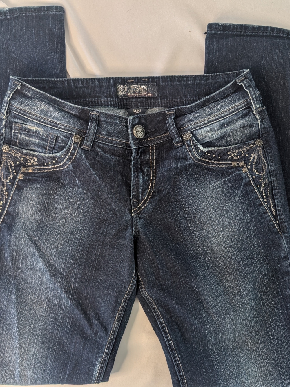 Silver Suki Jeans Women's Dark Wash Embellished Straight Leg Jeans Size 29x33